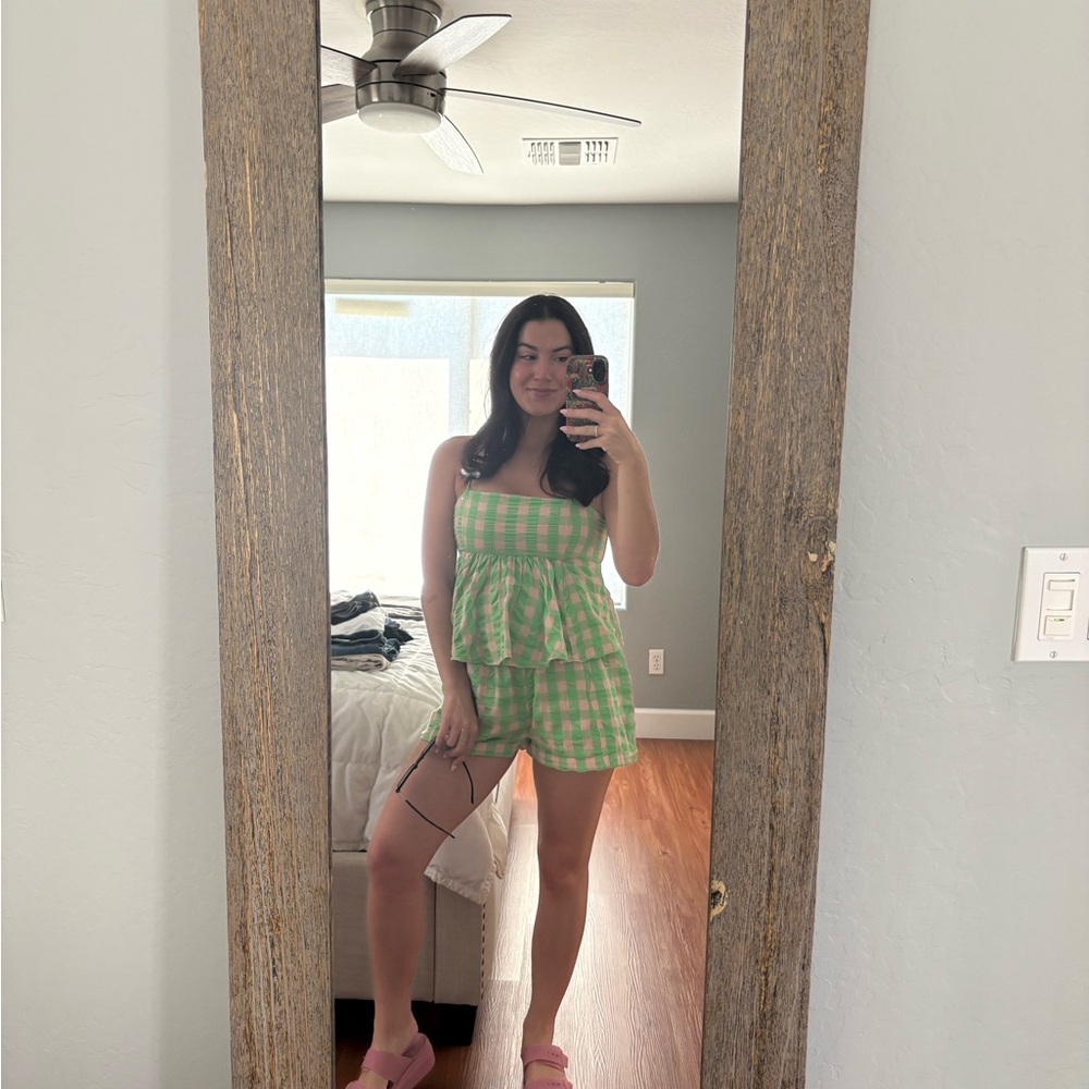 Free People Green and Pink Checkered short and tank set